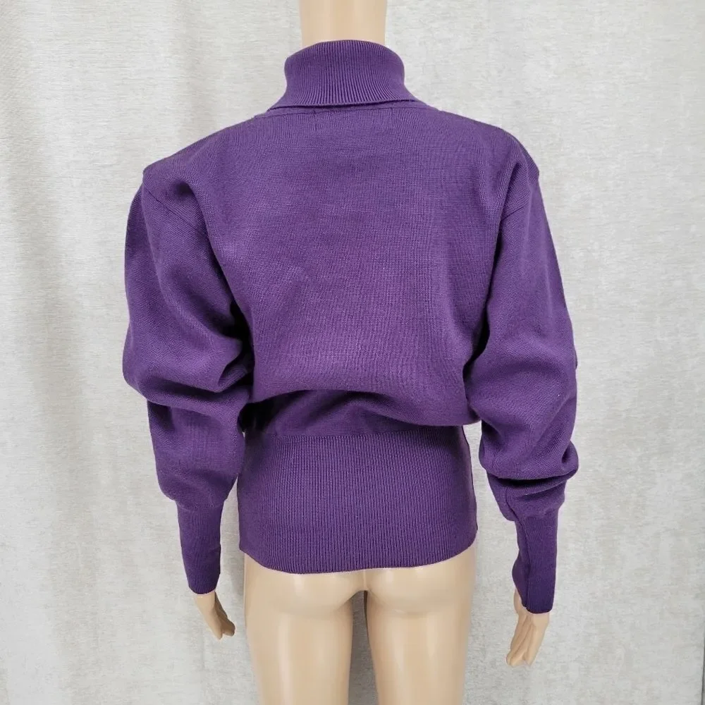 Kaelin 80s Purple Embellished Turtleneck Sweater Cinched Waist Vintage Women's
